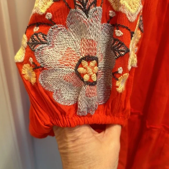 Free People Spell On You Poppy Red Floral Embroidered Peasant Dress Medium - Picture 9 of 10